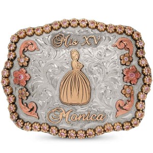 A custom belt buckle for women featuring a quiceanera bronze figure with lettering for Mis XV, coloured berries and copper scrolls 